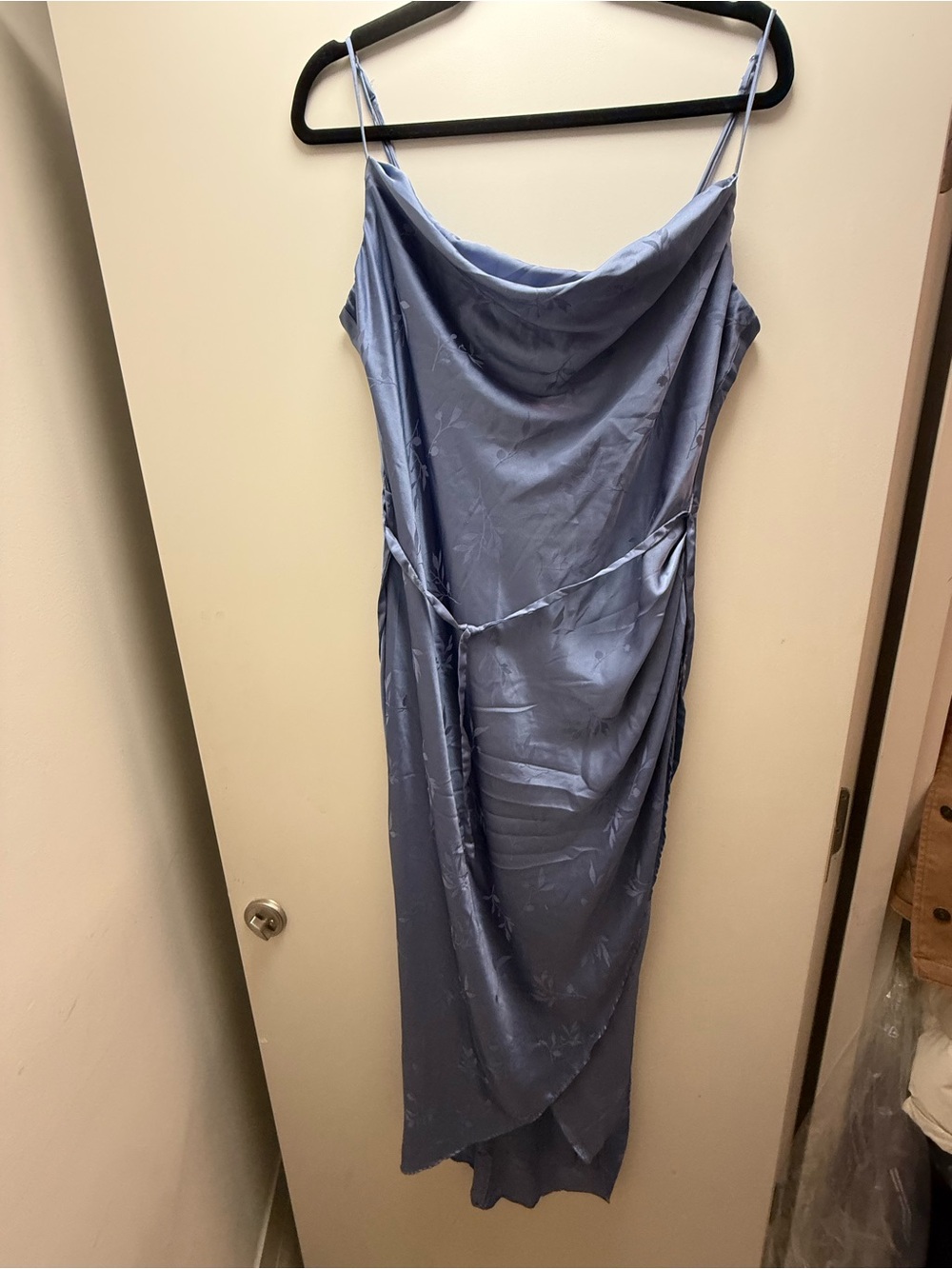 Satin Cowl Neck Slip Dress in Dusty Blue